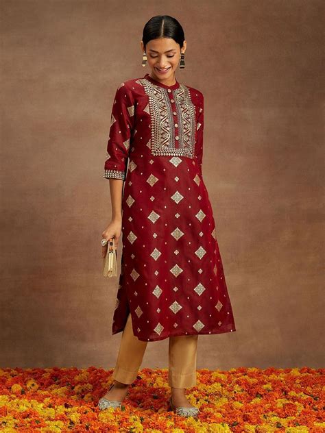 Buy Maroon Woven Design Chanderi Silk Straight Kurta Online at Rs.749 ...