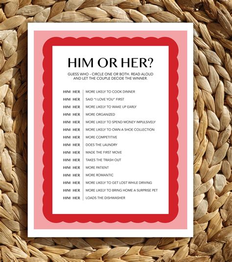 Him or Her Wedding Shower Game: Printable Bridal Shower Fun (digital ...