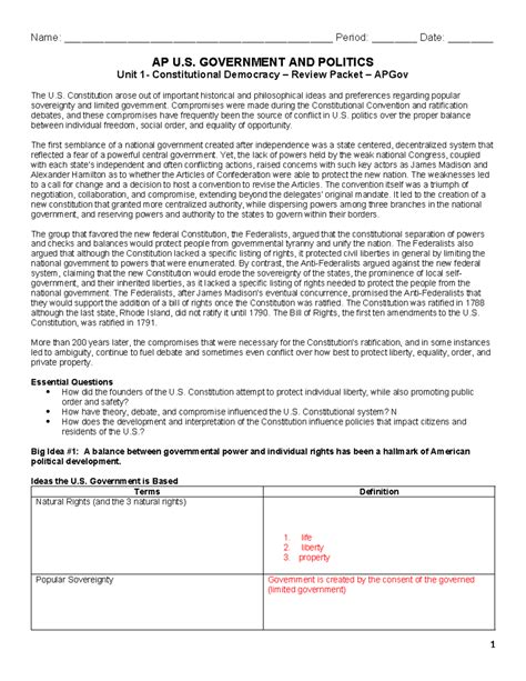 APGov Unit 1 Review Packet: Constitutional Democracy Insights - Studocu