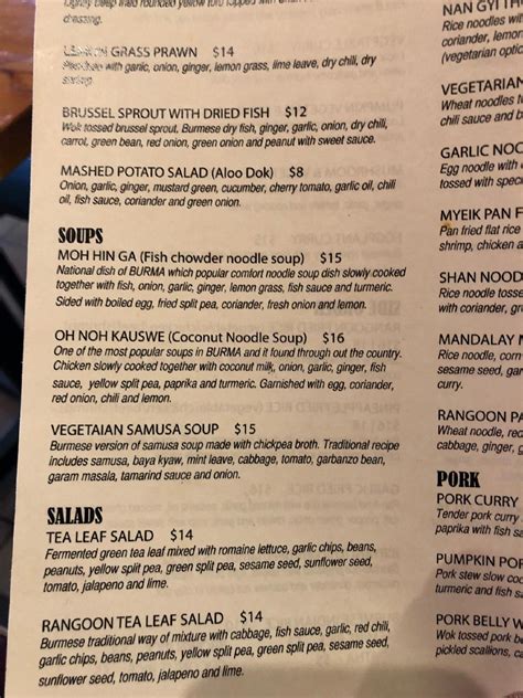 Menu at Rangoon Burmese kitchen restaurant, Honolulu