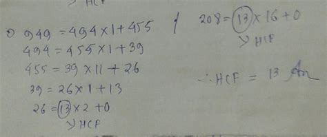 Find the HCF of 208 494 949 by continued division method - Brainly.in