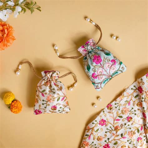 Aiyana Zari Floral Patterned Shagun Potli Bag Set Of 2 Online - Premium ...