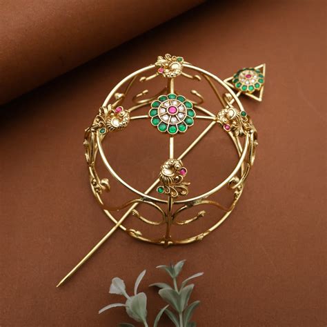 Jadau Kundan Hair Bun Holder With Juda Stick (Multi) - Hair Bun Access