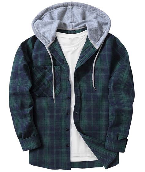 Scodi Hooded Flannel Jackets for Men Casual Button Down Plaid Shirt ...