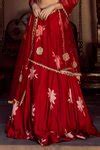 Buy Red Modal Satin, Tulle Net Floral Motifs V Neck Lily Print Lehenga ...