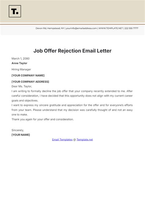 Free Job Offer Rejection Email Letter Template to Edit Online
