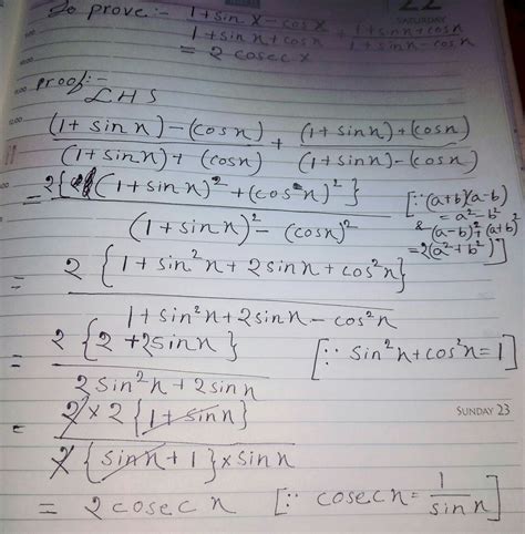 (1+sin x - cos x/ 1+sinx+cos) + ( 1+sin x+ cos x/1+sinx-cosx) = 2cosecx ...