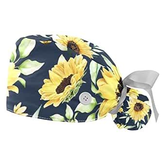 2 Pcs Adjustable Working Caps, Sunflower Pattern Bouffant Scrub Hats ...