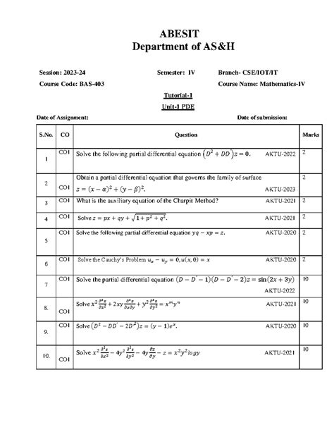 Tutorial-1 Maths-IV BAS-403 UNIT-1 PDE - ABESIT Department of AS&H ...