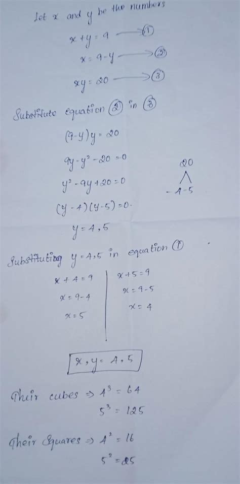 15. The sum of two numbers is 9 and their product is 20. Find the sum ...