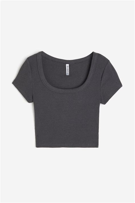 Cropped ribbed T-shirt - Dark grey - Ladies | H&M IN