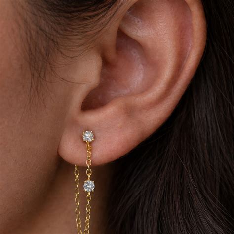 Double Stud Chain Earrings | 925 Sterling Silver Ear Chain | AJJ