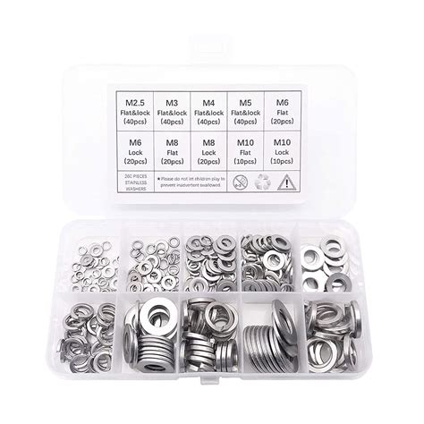 QTEATAK 260 Pcs 7-Size 304 Stainless Steel Flat Washer & Lock Washer ...