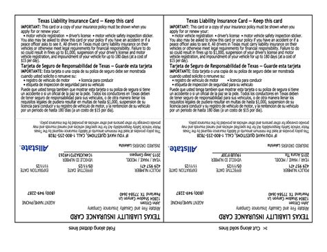 Allstate Texas Liability insurance card Word and PDF template