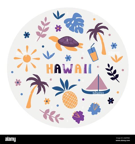USA collection. Vector illustration of Hawaii. State Symbols - round shape Stock Vector Image ...