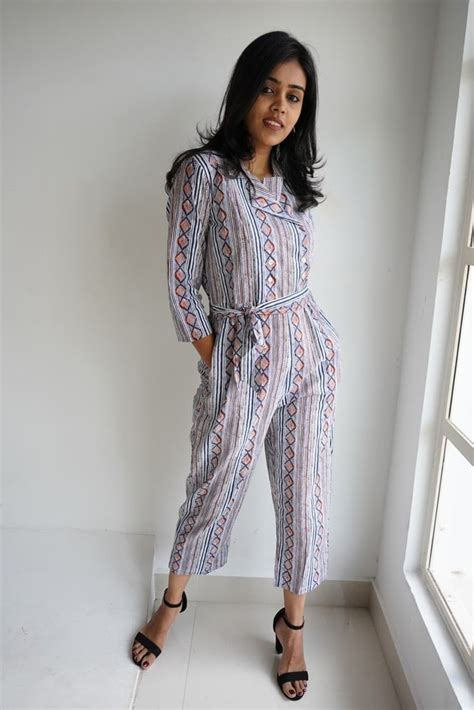 Shiny jumpsuit - Abstract printed cotton culotte jumpsuit in shades of ...
