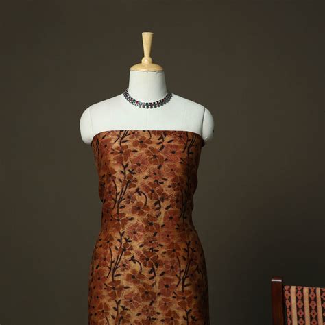 Brown Natural Dyed Block Print Maheshwari Silk Vanaspati Bagru 3pc ...