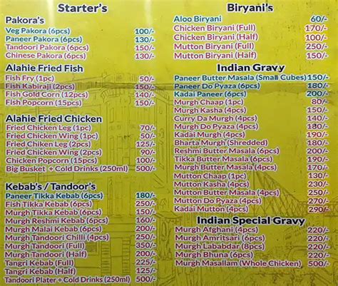 Menu at Alahai, Kolkata