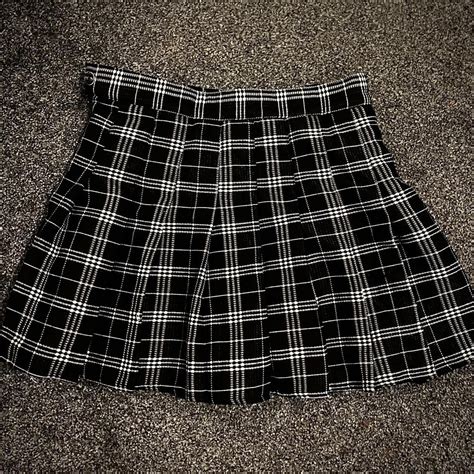 Pleated plaid black and white skirt with built in... - Depop