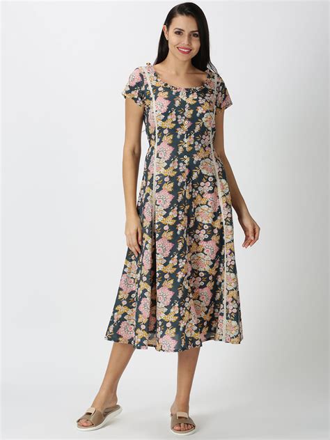 Charcoal Grey Floral Printed Midi Dress with Waist Tie-up - Saffron Threads