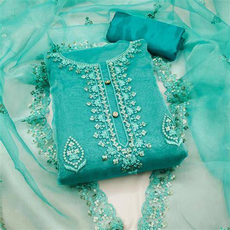 Turquoise Organza Silk Dress Material With Exquisite Floral Embroidery