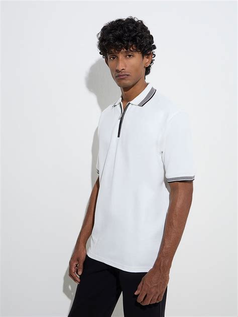 Buy WES Casuals White Quarter Zip Polo T-Shirt from Westside