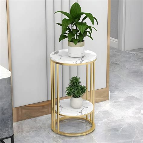 Round Multi-Tiered Plant Table Marble Plant Table with Pedestal - Gold ...