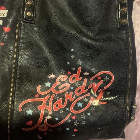 Ed Hardy Purse HAS Tears! Black leather heart... - Depop