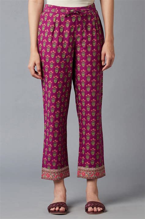 Buy Dark Purple Floral Printed Straight Pants @ 1799 | W for woman ...