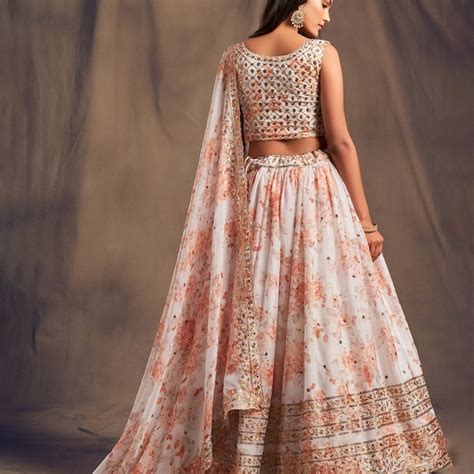 White & Beige Printed Semi-Stitched Lehenga & Unstitched Blouse With ...