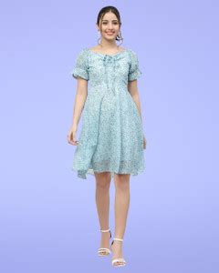 MISS AYSE Women Fit and Flare Light Blue Knee Length Dress - Buy MISS ...