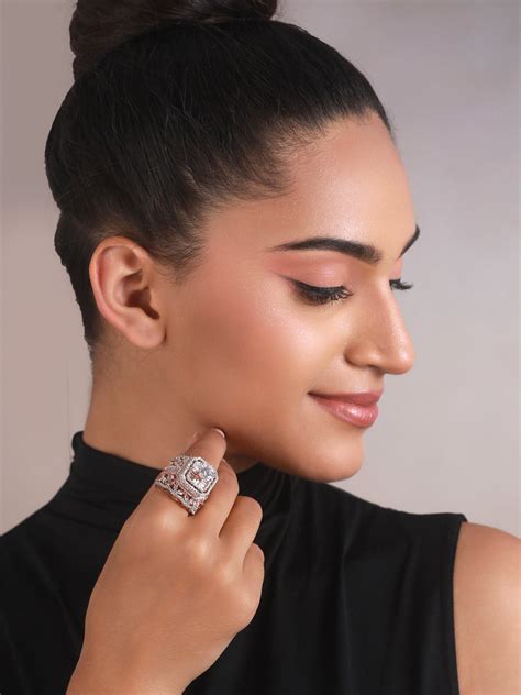 Priyaasi Sparkling American Diamond Rose Gold-Plated Ring