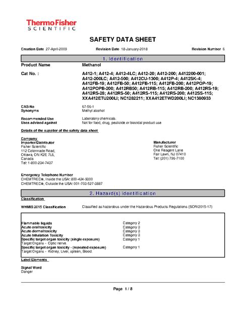 SDS methanol (Fisher) W18 - SAFETY DATA SHEET Creation Date 27-April ...