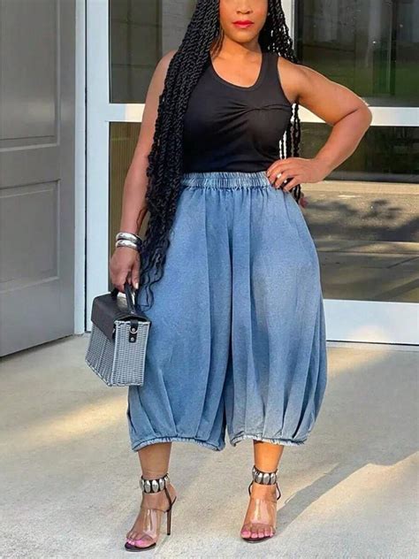 Women's Elastic Waist Wide Leg Baggy Denim Pants, Street Fashion Loose ...