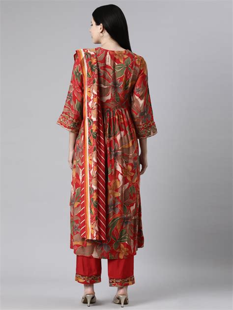 Neerus Red Casual Floral Anarkali Kurta and Trousers With Dupatta ...
