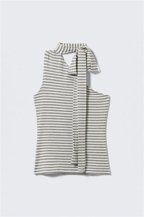 Lyocell one-shoulder top met strik - Grijs en wit gestreept - DAMES | H ...