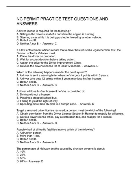 NC PERMIT PRACTICE TEST QUESTIONS AND ANSWERS - NORTH CAROLINA PERMIT ...