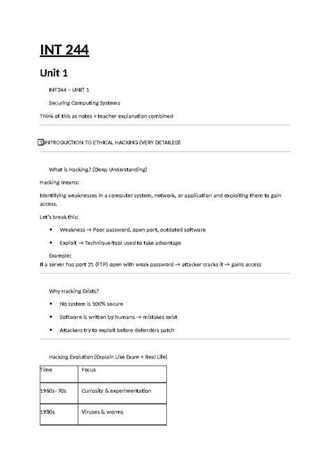 INT 244 Comprehensive Notes on Ethical Hacking and Security Concepts ...