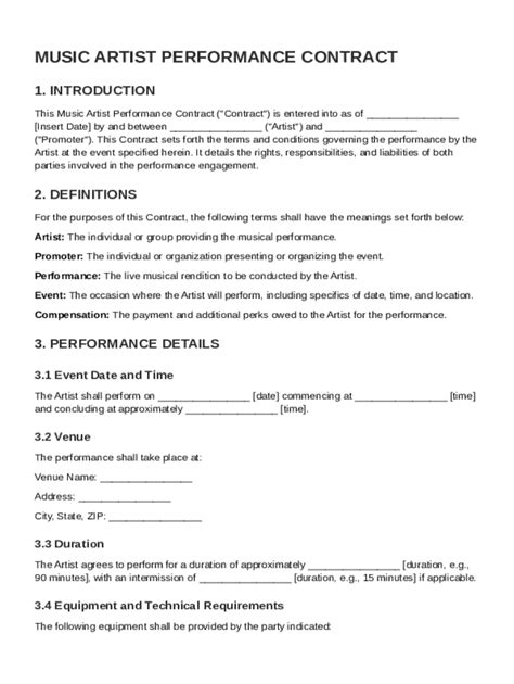 Music Artist Performance Contract Template - Blank Fillable Template ...