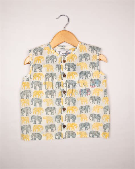 Ready to Ship: Grey and Yellow Elephants Printed Pure Cotton Jhabla wi ...