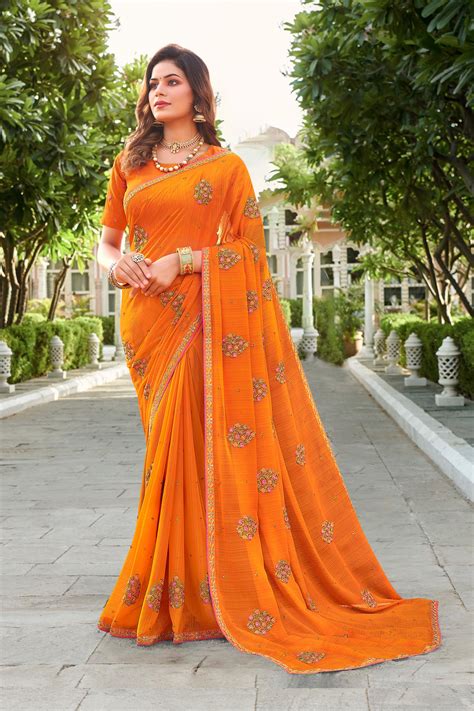 Laxmipati Falooda Floral Embroidered Chiffon Saree in Orange Color wit