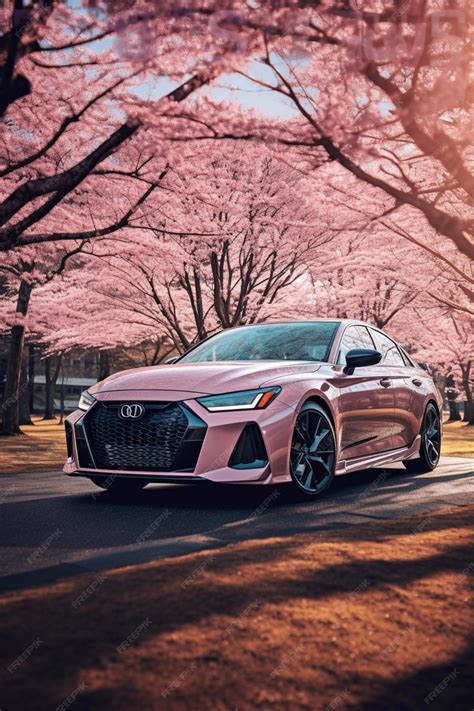 Premium AI Image | A pink 2020 audi sedan is parked on a road with pink flowers in the background.