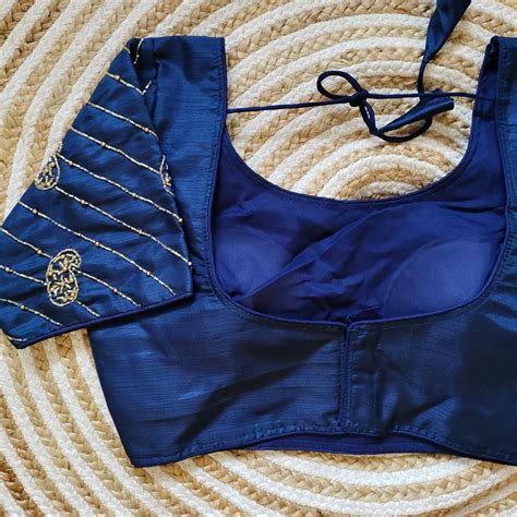 Blue Pure Silk Blouse with Handcrafted Sleeves and Back Open