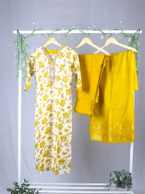 Cotton Straight cut Kurti Set with Neck line work - Cream & Yellow ...