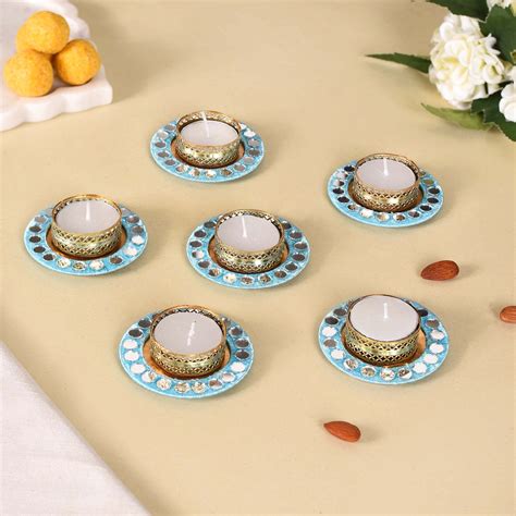 Set Of 6 Blue Mirrorwork Tea Light Candle Holders Online - Premium ...