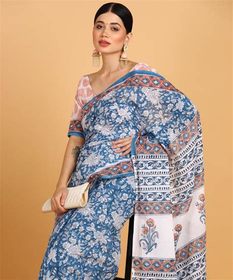 BLOCKS OF INDIA Hand Block Print Cotton Sarees For Women with Unstitch ...