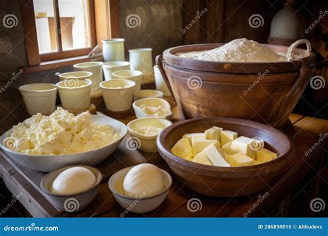 Cheese Making Process with Curds and Whey in Bowls Stock Photo - Image ...