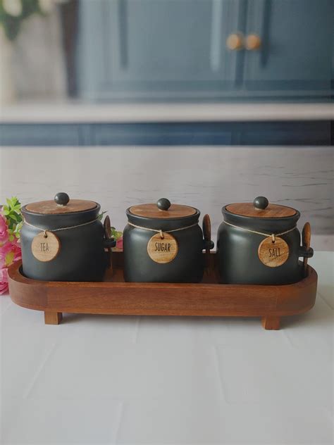 Midnight Black Matka Solid Ceremic Tea, Sugar,Salt, Canisters 500ml ...