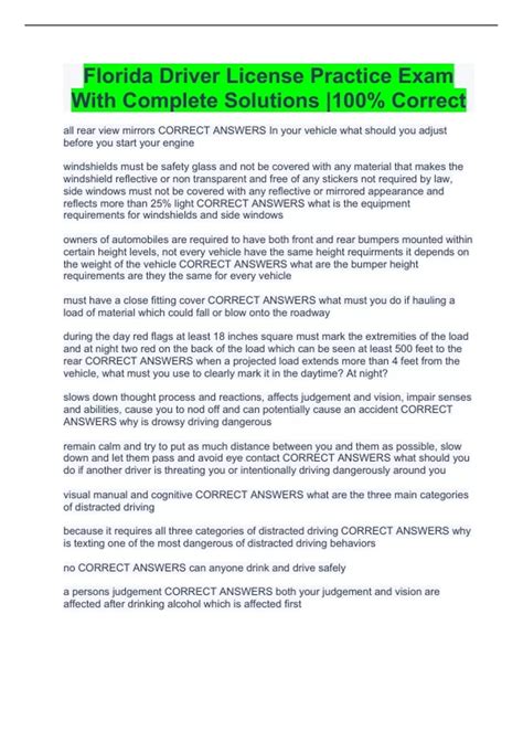 Florida Driver License Practice Exam With Complete Solutions |100% ...