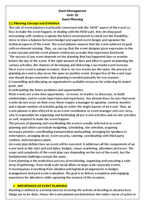 Unit 02 event - Notes - Event Management Unit: 02 Event Planning 2 ...